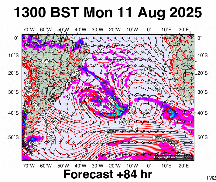 South Atlantic forecast chart for Monday, August 11th, 2025 at 12:00 PM