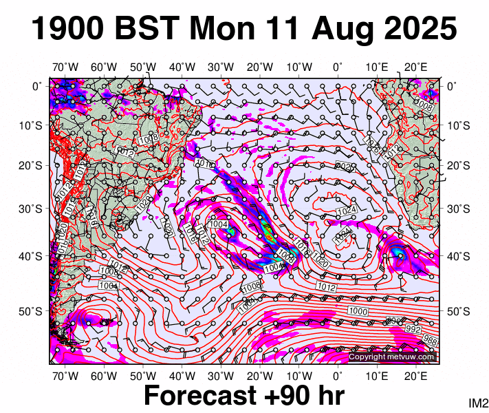 South Atlantic forecast chart for Monday, August 11th, 2025 at 6:00 PM