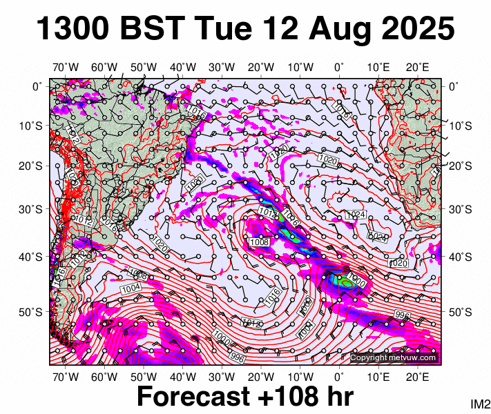 South Atlantic forecast chart for Tuesday, August 12th, 2025 at 12:00 PM