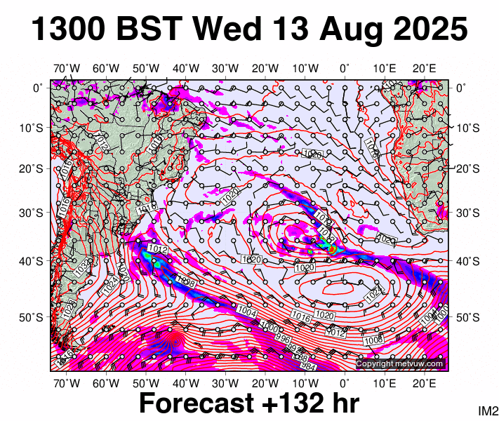 South Atlantic forecast chart for Wednesday, August 13th, 2025 at 12:00 PM
