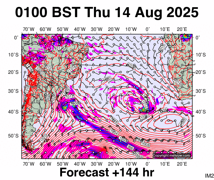 South Atlantic forecast chart for Thursday, August 14th, 2025 at 12:00 AM