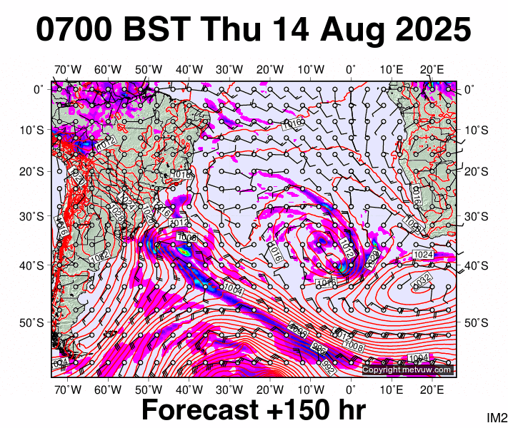 South Atlantic forecast chart for Thursday, August 14th, 2025 at 6:00 AM