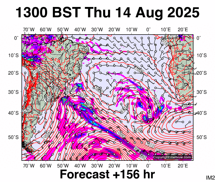 South Atlantic forecast chart for Thursday, August 14th, 2025 at 12:00 PM