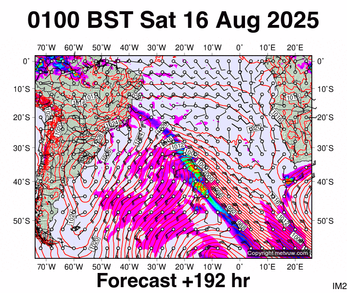 South Atlantic forecast chart for Saturday, August 16th, 2025 at 12:00 AM