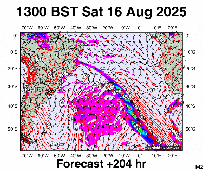 South Atlantic forecast chart for Saturday, August 16th, 2025 at 12:00 PM