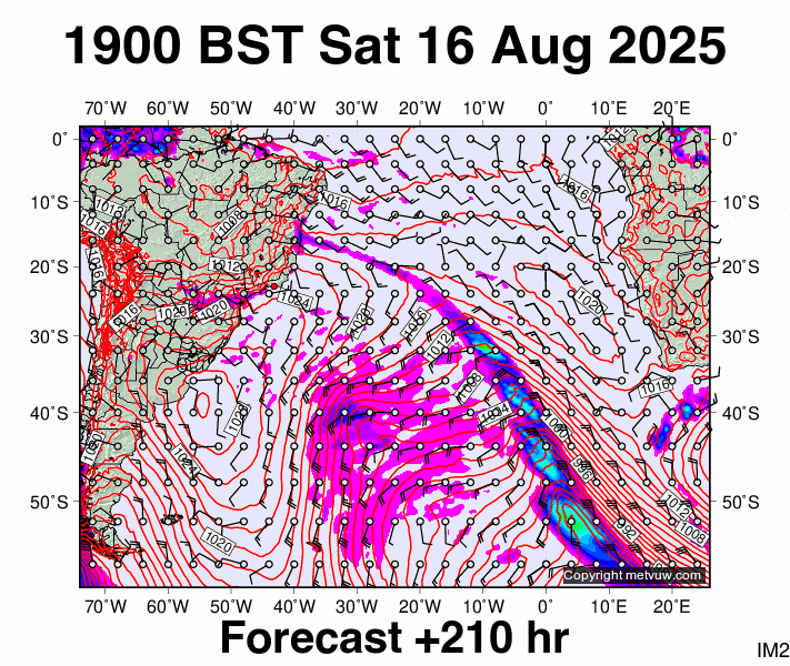 South Atlantic forecast chart for Saturday, August 16th, 2025 at 6:00 PM