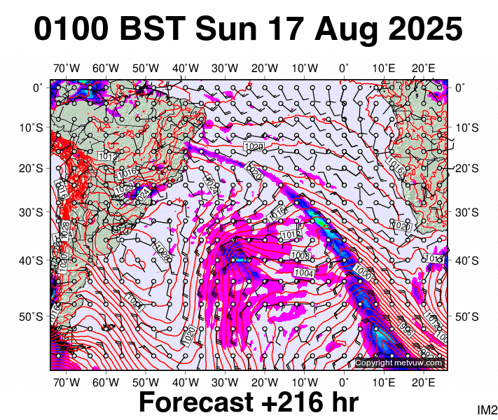 South Atlantic forecast chart for Sunday, August 17th, 2025 at 12:00 AM