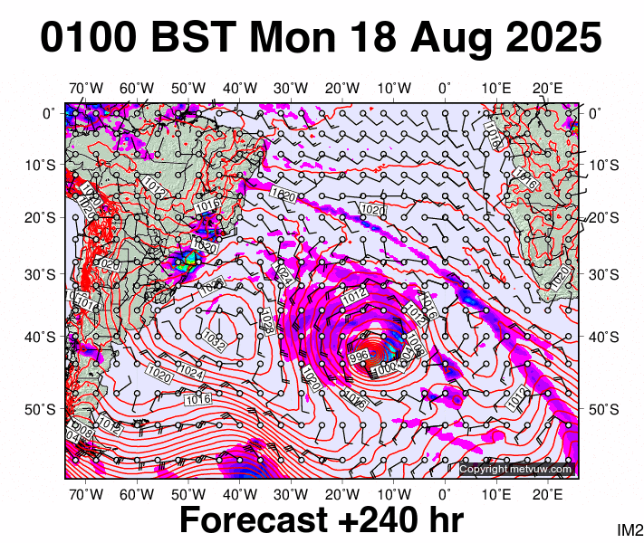 South Atlantic forecast chart for Monday, August 18th, 2025 at 12:00 AM