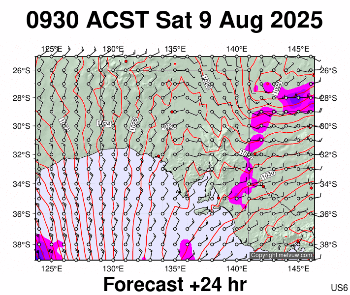 South Australia forecast chart for Saturday, August 9th, 2025 at 12:00 AM