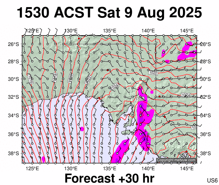 South Australia forecast chart for Saturday, August 9th, 2025 at 6:00 AM