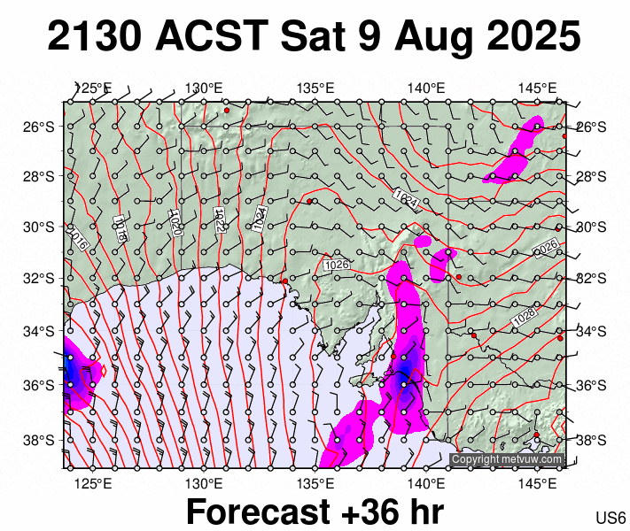 South Australia forecast chart for Saturday, August 9th, 2025 at 12:00 PM