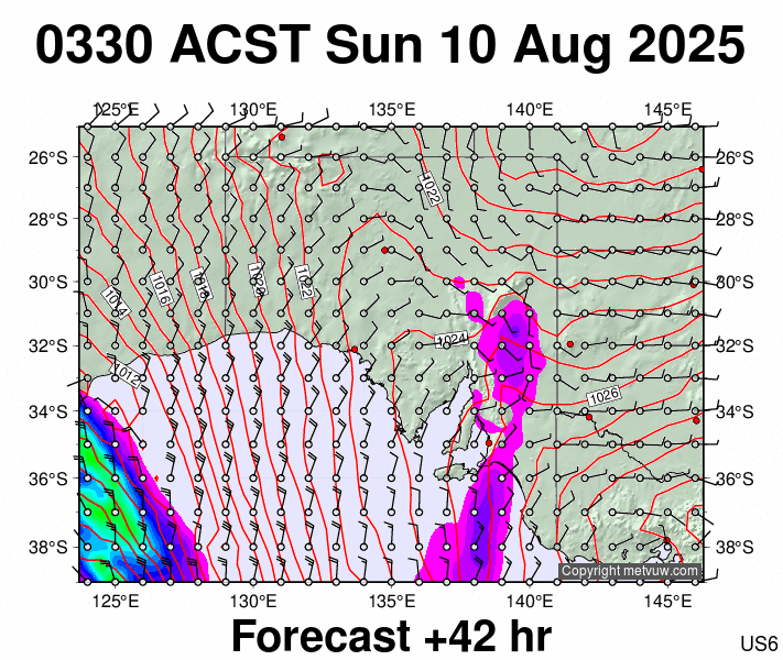 South Australia forecast chart for Saturday, August 9th, 2025 at 6:00 PM