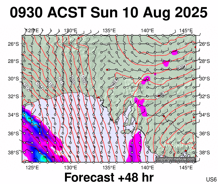 South Australia forecast chart for Sunday, August 10th, 2025 at 12:00 AM