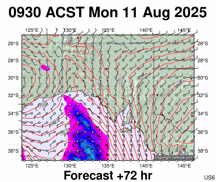 South Australia forecast chart for Monday, August 11th, 2025 at 12:00 AM