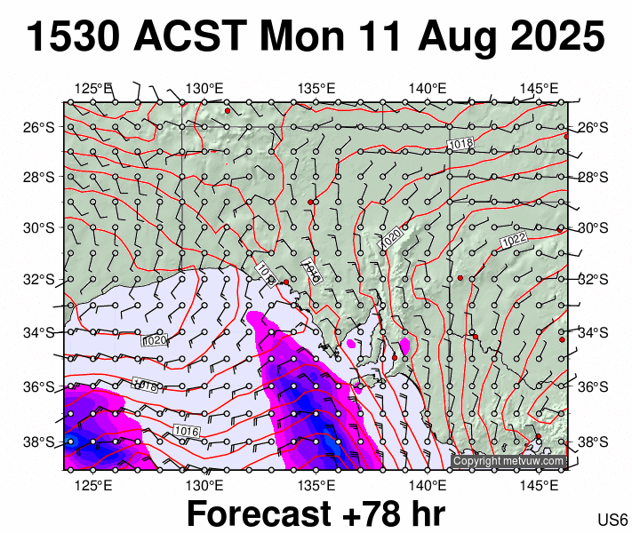 South Australia forecast chart for Monday, August 11th, 2025 at 6:00 AM