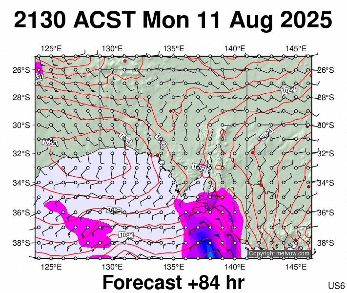 South Australia forecast chart for Monday, August 11th, 2025 at 12:00 PM