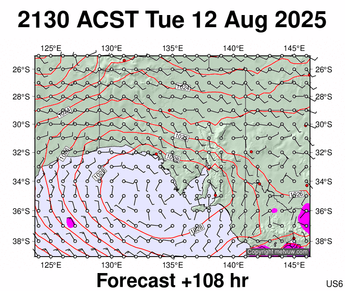 South Australia forecast chart for Tuesday, August 12th, 2025 at 12:00 PM