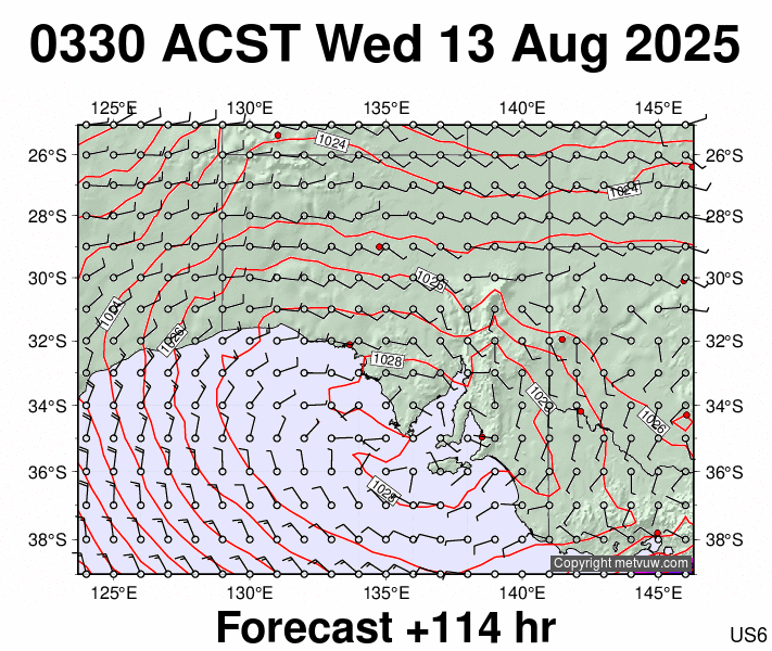 South Australia forecast chart for Tuesday, August 12th, 2025 at 6:00 PM