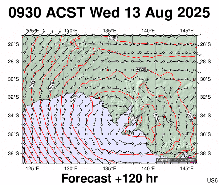 South Australia forecast chart for Wednesday, August 13th, 2025 at 12:00 AM