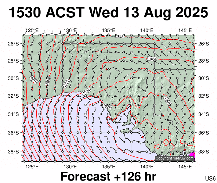 South Australia forecast chart for Wednesday, August 13th, 2025 at 6:00 AM