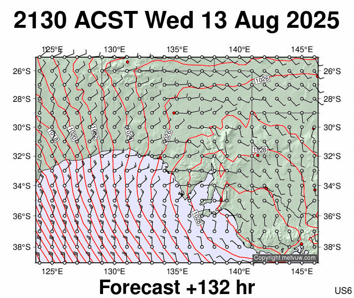 South Australia forecast chart for Wednesday, August 13th, 2025 at 12:00 PM