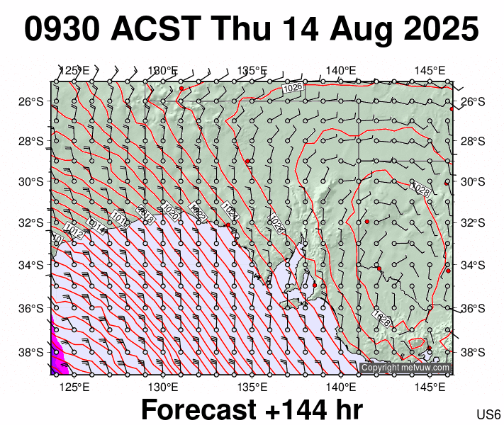 South Australia forecast chart for Thursday, August 14th, 2025 at 12:00 AM