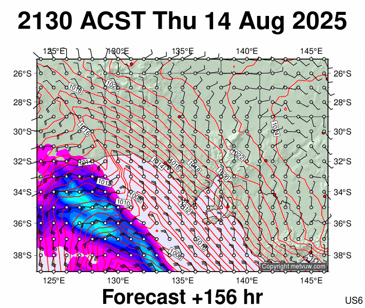 South Australia forecast chart for Thursday, August 14th, 2025 at 12:00 PM