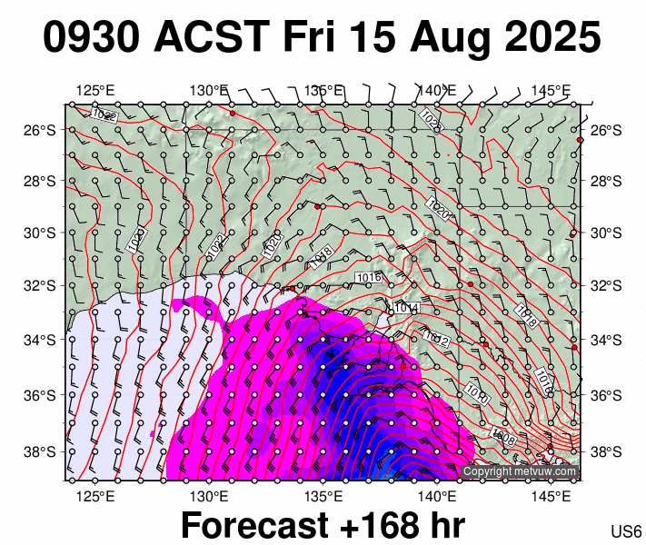 South Australia forecast chart for Friday, August 15th, 2025 at 12:00 AM