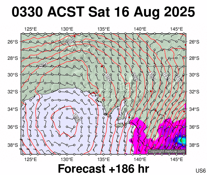 South Australia forecast chart for Friday, August 15th, 2025 at 6:00 PM
