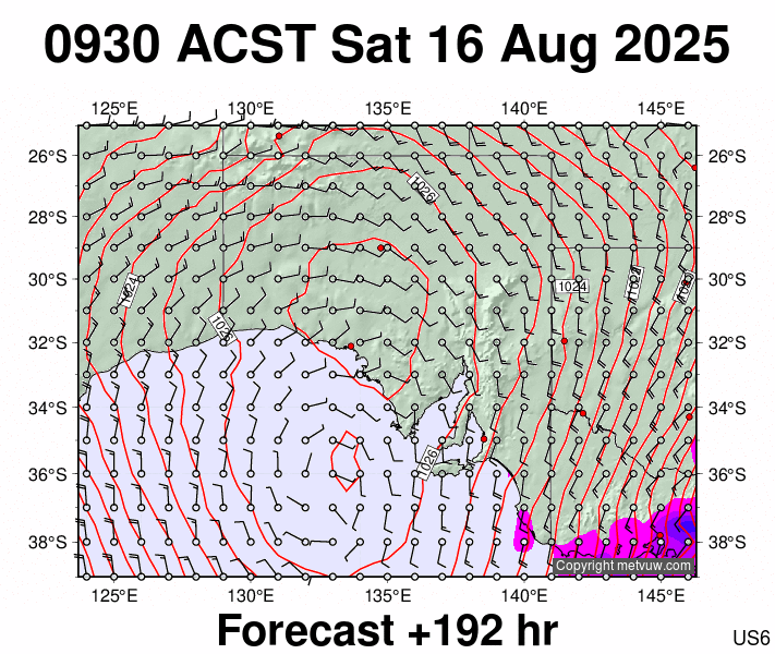 South Australia forecast chart for Saturday, August 16th, 2025 at 12:00 AM