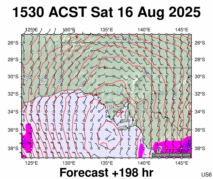 South Australia forecast chart for Saturday, August 16th, 2025 at 6:00 AM