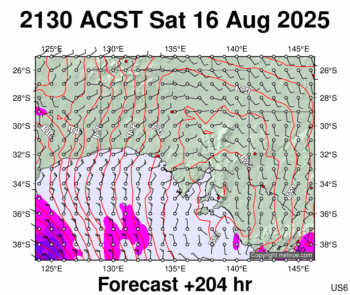 South Australia forecast chart for Saturday, August 16th, 2025 at 12:00 PM