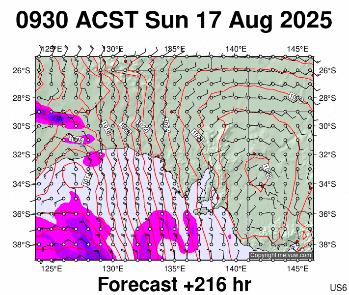 South Australia forecast chart for Sunday, August 17th, 2025 at 12:00 AM
