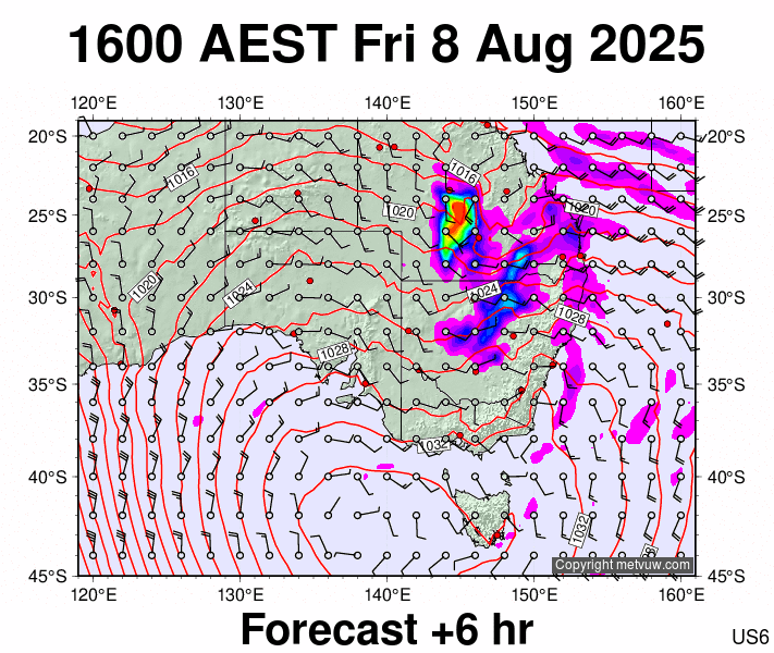 South East Australia forecast chart for Friday, August 8th, 2025 at 6:00 AM