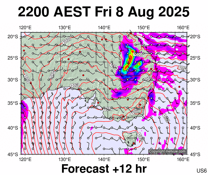 South East Australia forecast chart for Friday, August 8th, 2025 at 12:00 PM