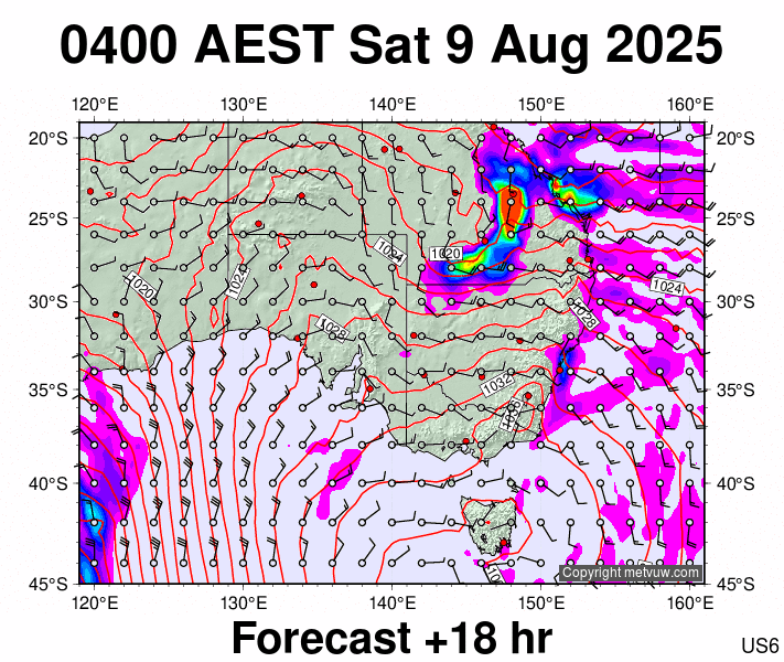 South East Australia forecast chart for Friday, August 8th, 2025 at 6:00 PM