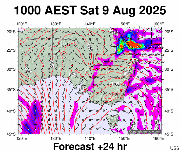 South East Australia forecast chart for Saturday, August 9th, 2025 at 12:00 AM
