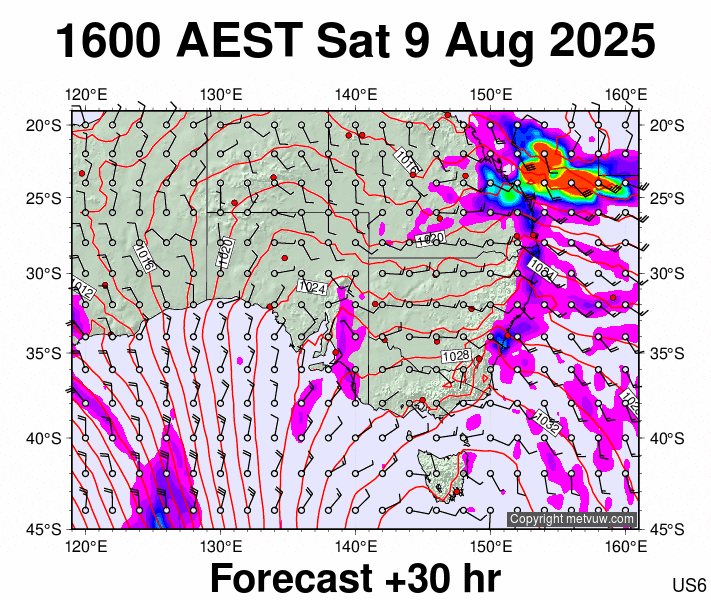 South East Australia forecast chart for Saturday, August 9th, 2025 at 6:00 AM