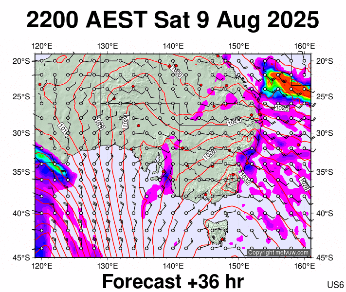 South East Australia forecast chart for Saturday, August 9th, 2025 at 12:00 PM