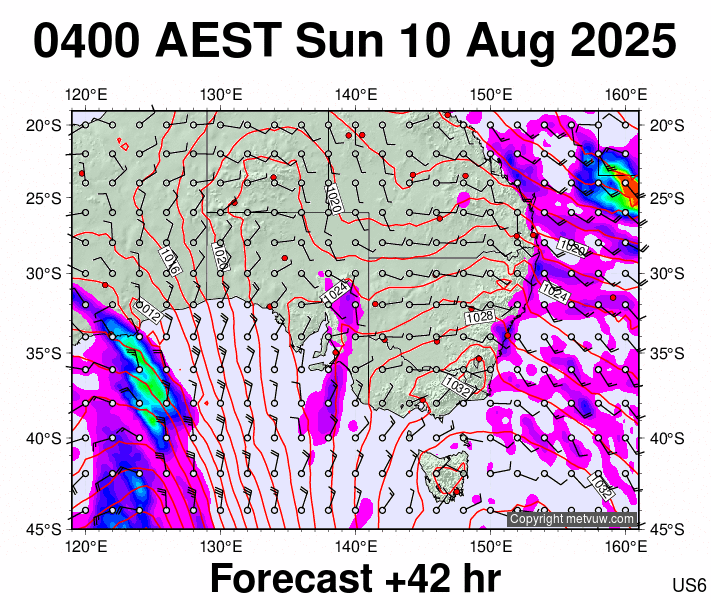 South East Australia forecast chart for Saturday, August 9th, 2025 at 6:00 PM