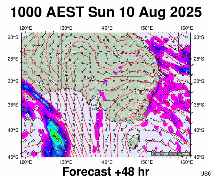 South East Australia forecast chart for Sunday, August 10th, 2025 at 12:00 AM