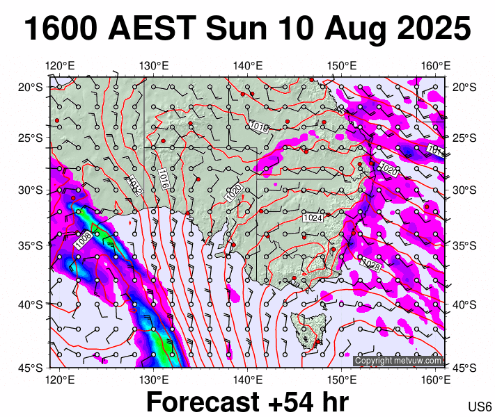 South East Australia forecast chart for Sunday, August 10th, 2025 at 6:00 AM