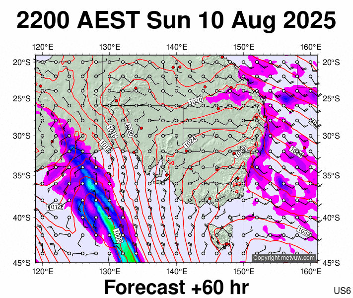 South East Australia forecast chart for Sunday, August 10th, 2025 at 12:00 PM