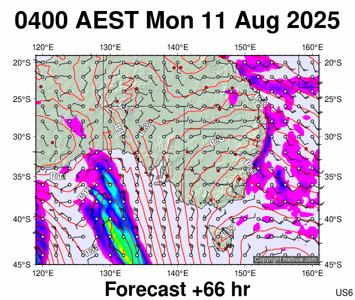 South East Australia forecast chart for Sunday, August 10th, 2025 at 6:00 PM