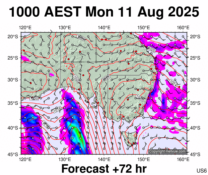 South East Australia forecast chart for Monday, August 11th, 2025 at 12:00 AM