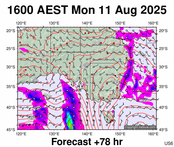 South East Australia forecast chart for Monday, August 11th, 2025 at 6:00 AM