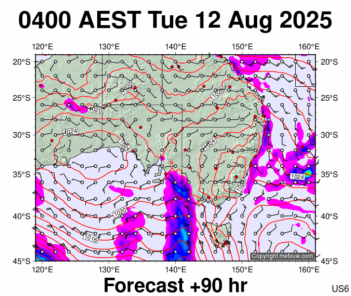 South East Australia forecast chart for Monday, August 11th, 2025 at 6:00 PM