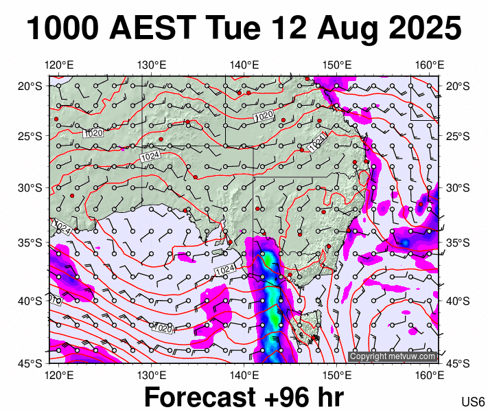 South East Australia forecast chart for Tuesday, August 12th, 2025 at 12:00 AM