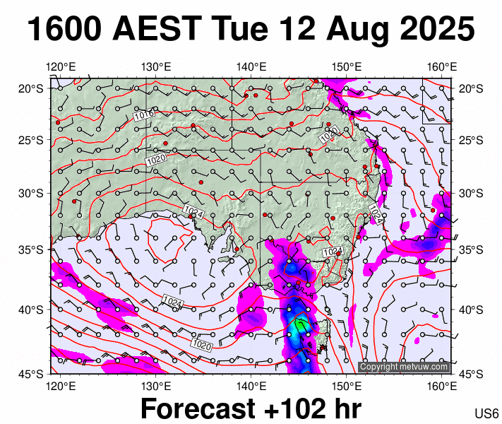 South East Australia forecast chart for Tuesday, August 12th, 2025 at 6:00 AM