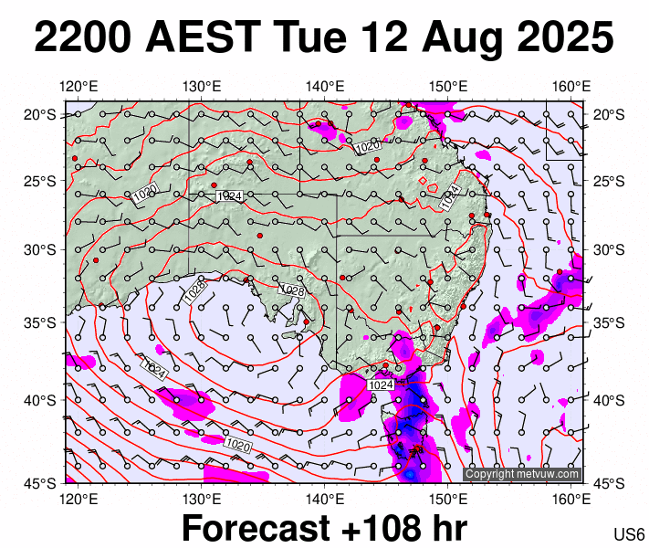 South East Australia forecast chart for Tuesday, August 12th, 2025 at 12:00 PM